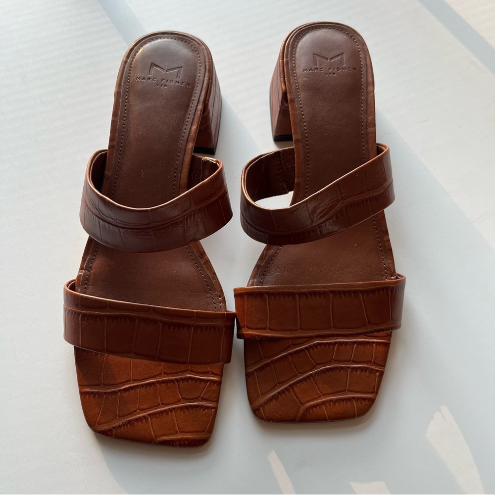 Marc Fisher - Square Toe Sandals - Croc Embossed Cognac Brown - Size 9